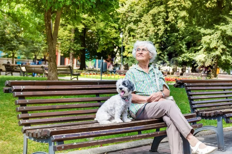 A woman and a dog at a bench 