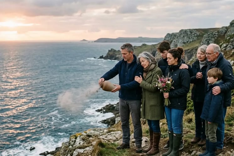 A family by the UK coast scattering ashes