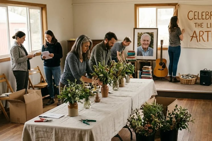 A group of people setting up for a DIY funeral, arranging flowers and decorations