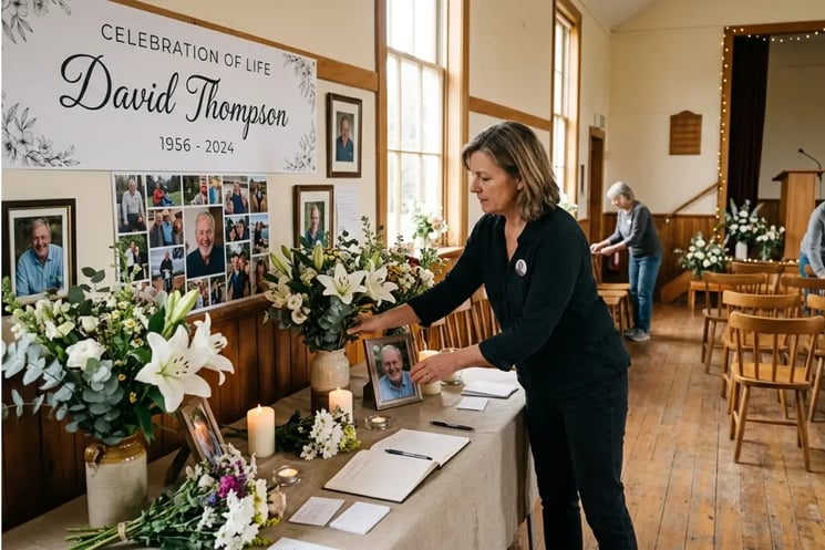 A woman arranging a funeral display, setting up images, candles and flowers