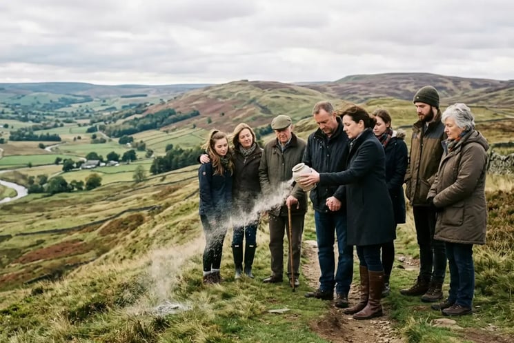 A group of people scattering ashes in the UK countryside