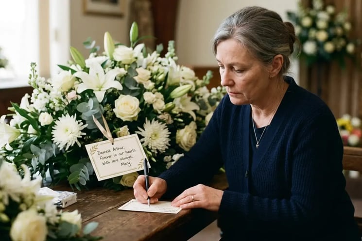 A woman writing a funeral flower message