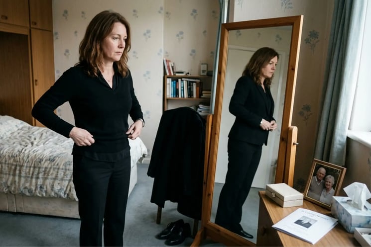 A woman trying on black clothes in front of a mirror