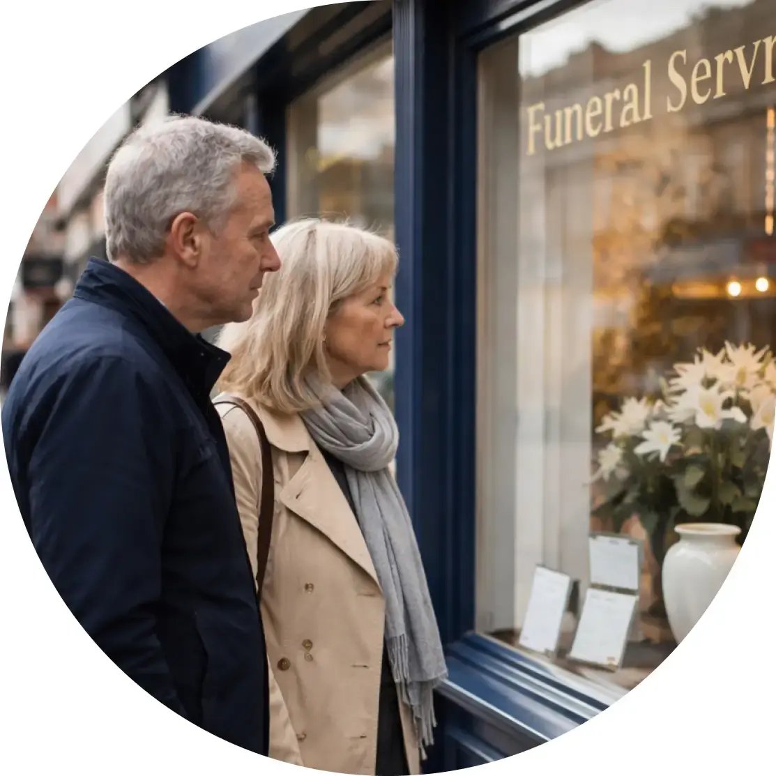 Elderly couple looking out the window.