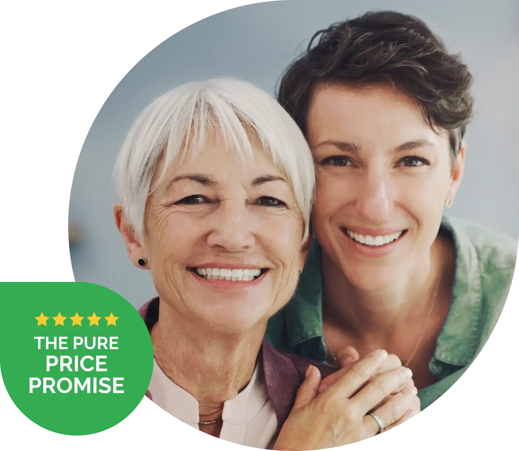 Two women smiling at the camera and a label highlights The Pure Price Promise
